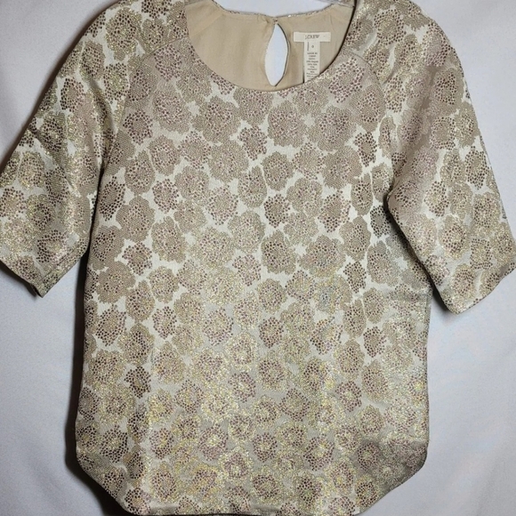J. Crew Women's Top Size 0 Gold Metallic Floral Brocade Silk Blend Short Sleeve - Picture 1 of 11